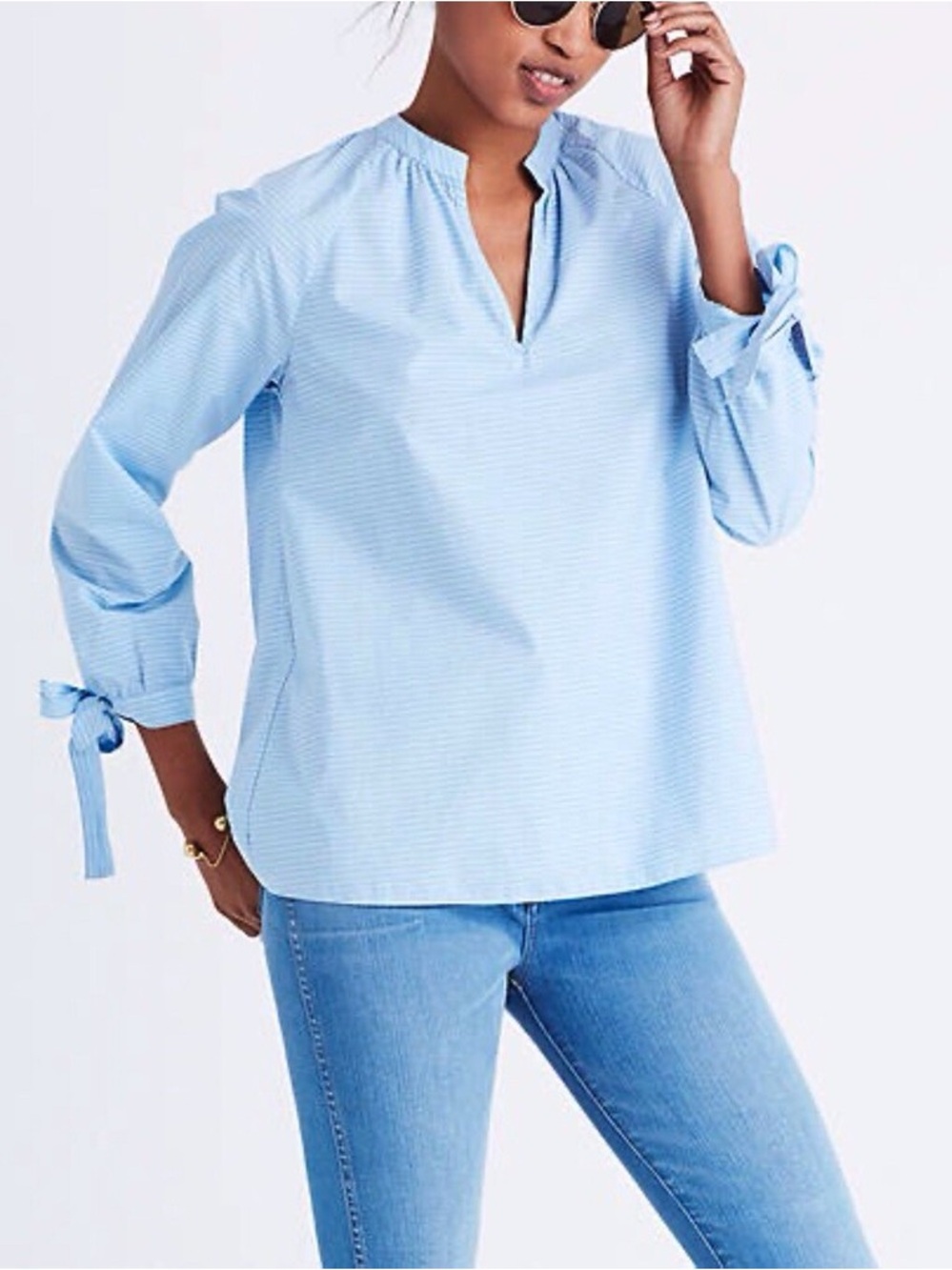 Madewell Pale Blue Split V-Neck Tie-Sleeve Blouse